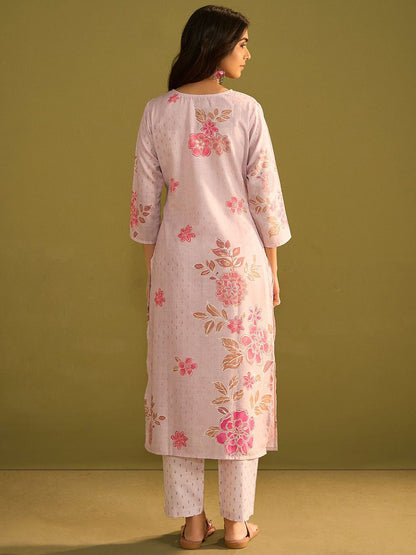 Dhiyona IE Floral Printed V-Neck Straight Kurta With Trousers