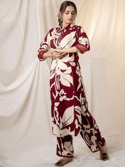 Dhiyona IE Floral Printed Three-Quarter Sleeves Tunic With Trouser