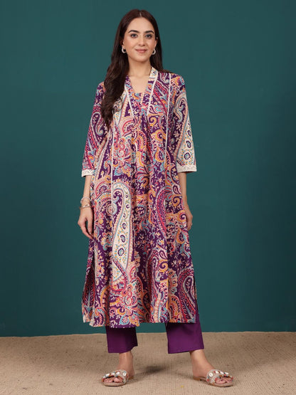 Dhiyona VA Women's Paisley Printed Regular Pure Cotton Kurta with Trousers