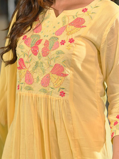 Floral Yoke Design Thread Work Pure Cotton A-Line Kurta With Trousers & Dupatta