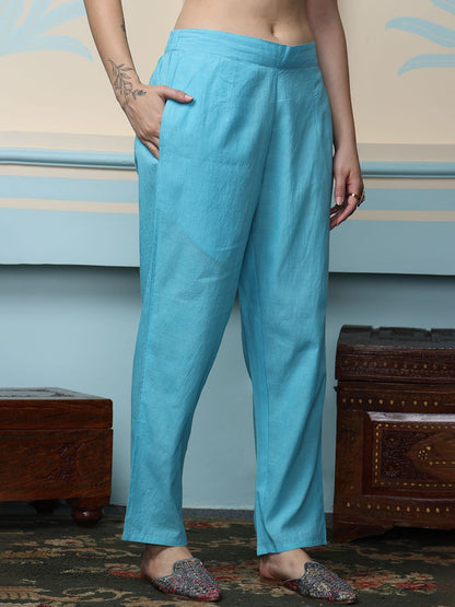 Dhiyona IS Women's Blue Ethnic Motifs Printed Mirror Work Pure Cotton Kurta With Trousers & Dupatta