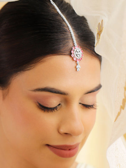Dhiyona RJ Women's Rhodium-Plated Cubic Zirconia Studded Maang Tikka Head Jewellery