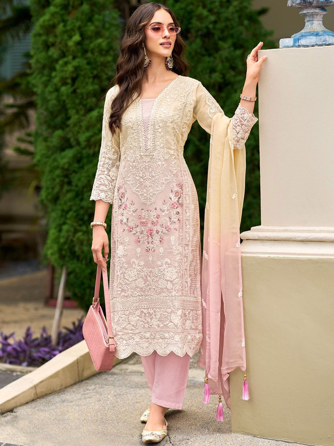 Floral Embroidered Sequinned Straight Organza Kurta With Trousers And Dupatta