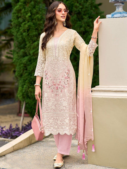 Floral Embroidered Sequinned Straight Organza Kurta With Trousers And Dupatta