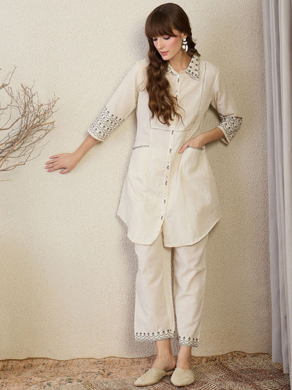 Women Woven Design Embroidered Kurta with Trousers