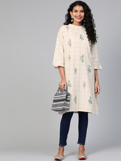 Dhiyona IE Women Off-White & Green Checked A-Line Kurta