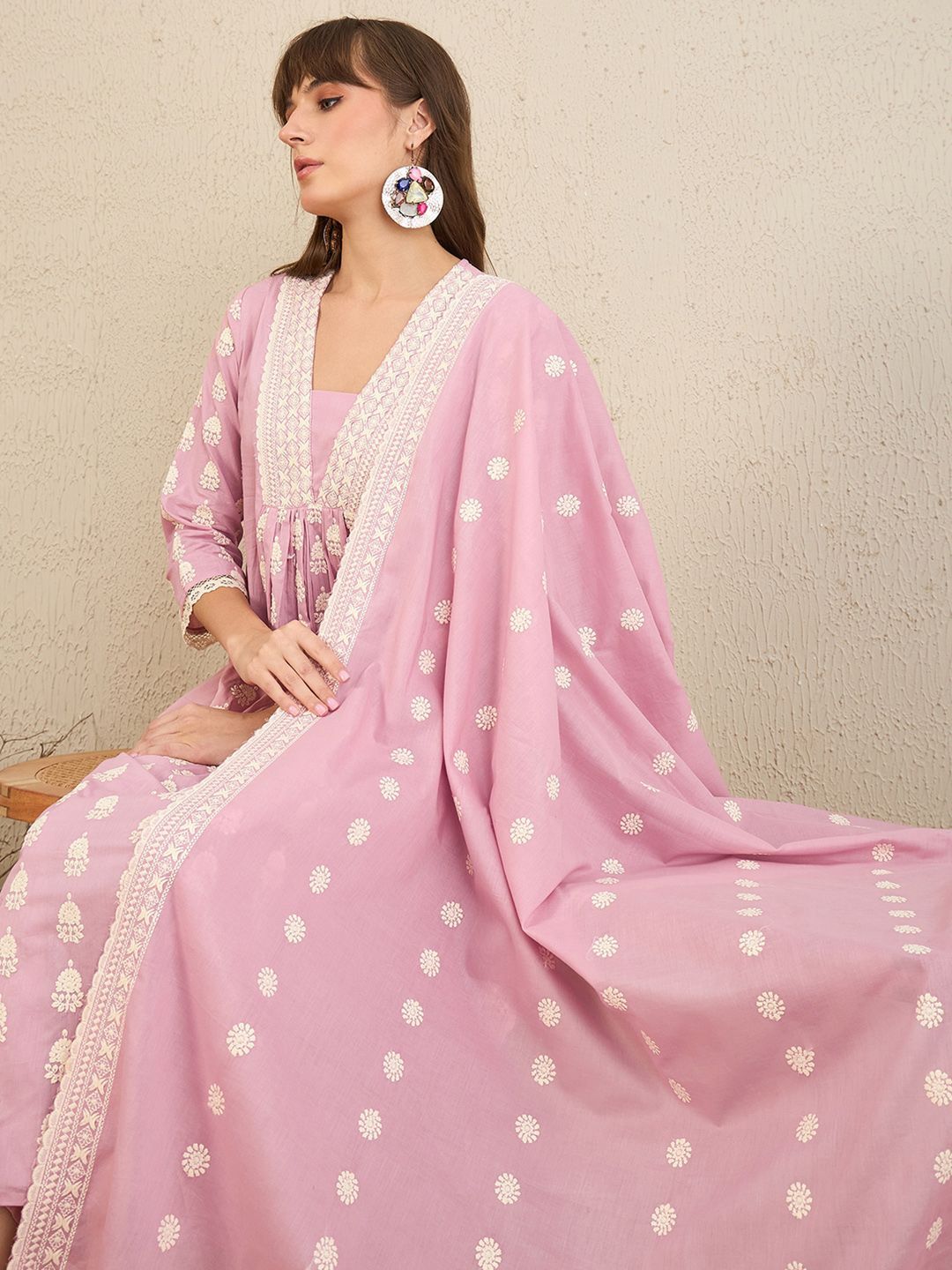 Floral Embroidered Pleated Pure Cotton A-Line Kurta With Trousers & Dupatta