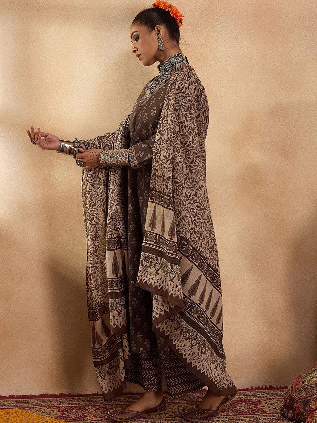 Ethnic Motifs Printed Pure Cotton Straight Kurta with Palazzos & Dupatta