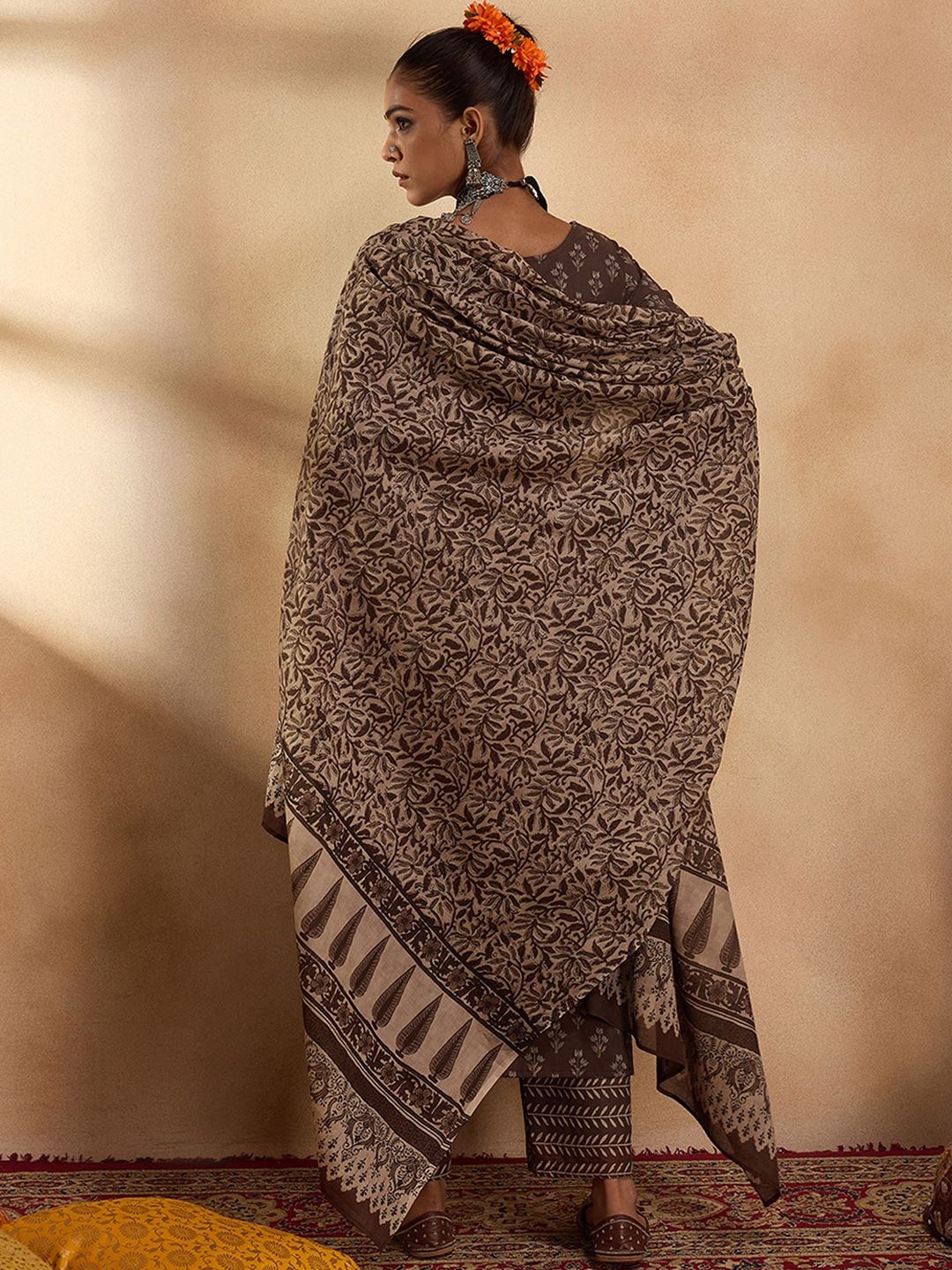 Ethnic Motifs Printed Pure Cotton Straight Kurta with Palazzos & Dupatta