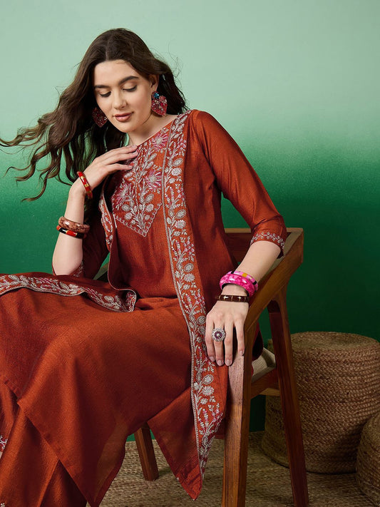 Dhiyona SN Women's Embroidered Straight Kurta Set With Shrug