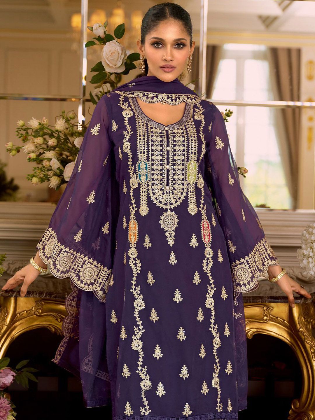 Dhiyona IE Women's Ethnic Motifs Embroidered Zari Organza Straight Kurta & Trousers With Dupatta