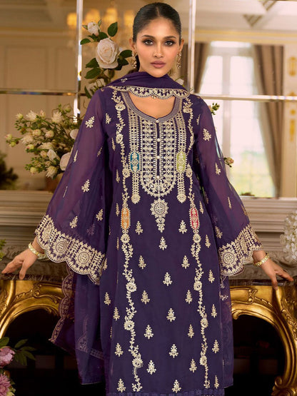 Dhiyona IE Women's Ethnic Motifs Embroidered Zari Organza Straight Kurta & Trousers With Dupatta