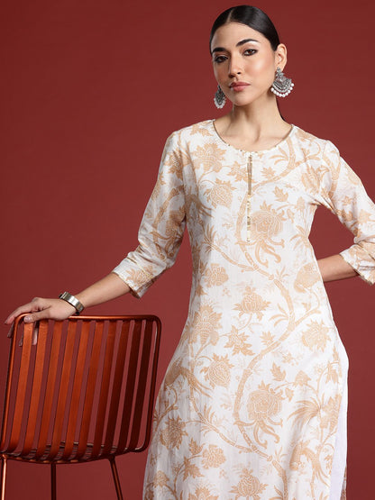 Dhiyona IE Women Floral Printed Keyhole Neck Pure Cotton Kurta