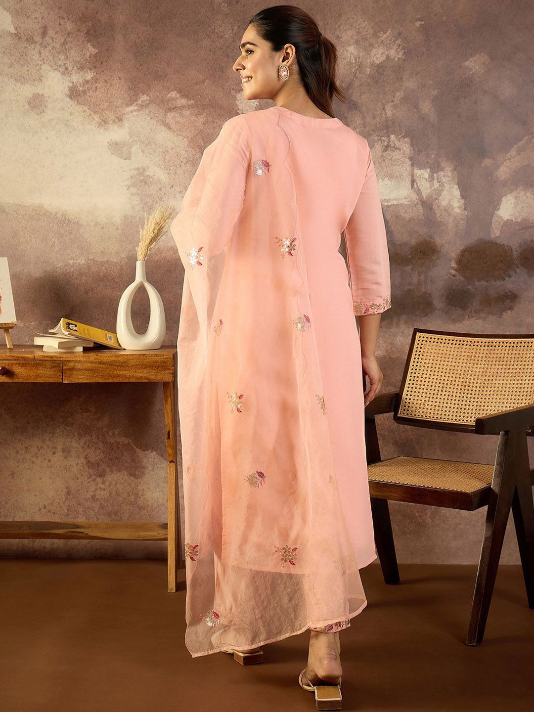 Women Floral Embroidered Round Neck Sequinned Kurta with Trousers & Dupatta