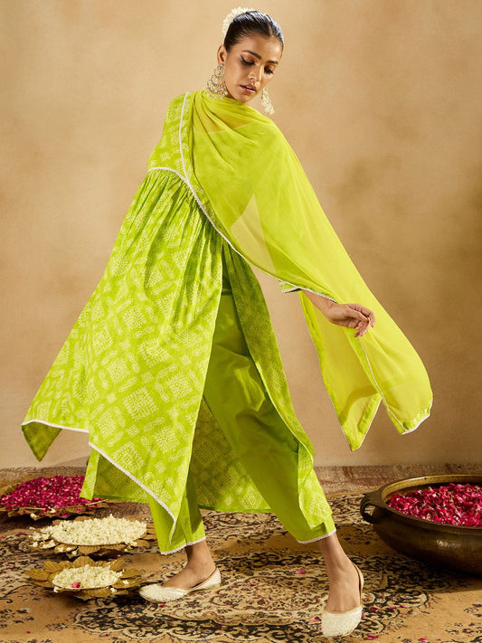 Dhiyona IE Bandhani Printed Empire V-Neck Pure Cotton Kurta with Trousers & Dupatta
