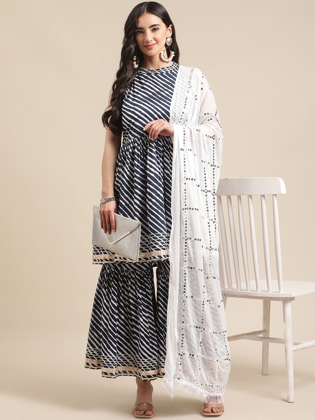 Dhiyona VA Women's Navy Blue Striped Empire Sequinned Kurta with Sharara & With Dupatta