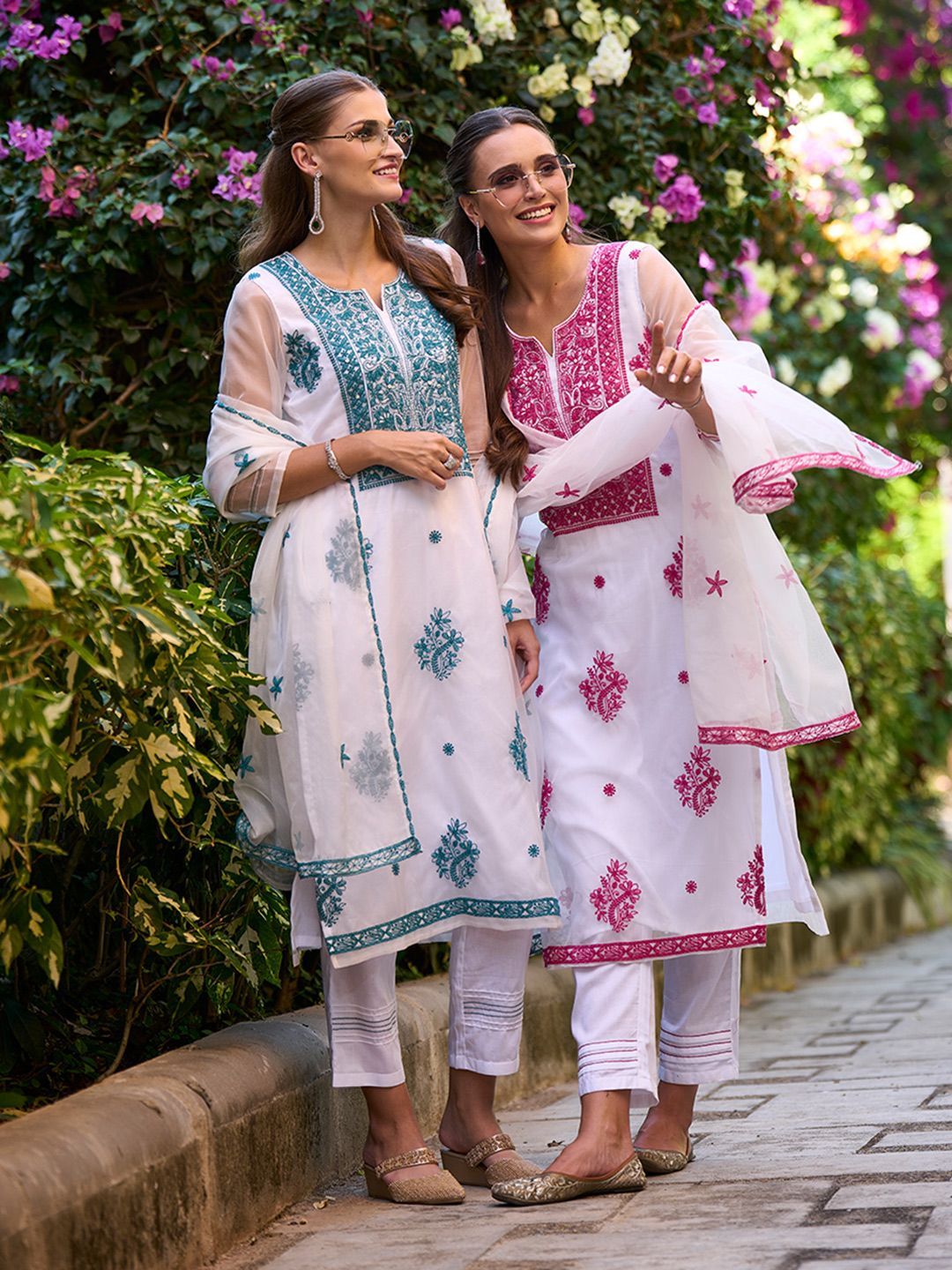 White Ethnic Motifs Embroidered Organza Straight Kurta & Trouser With Dupatta