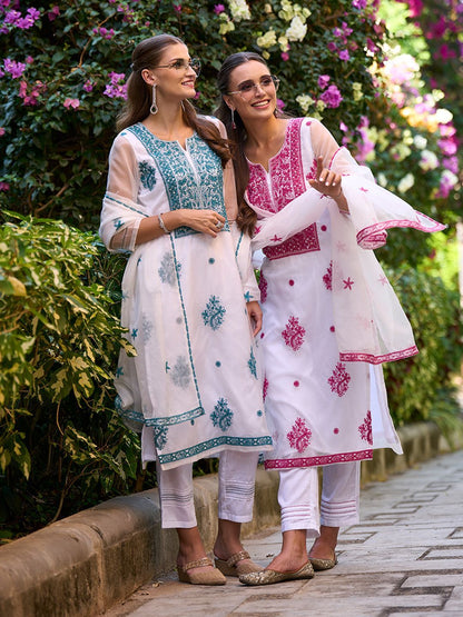 White Ethnic Motifs Embroidered Organza Straight Kurta & Trouser With Dupatta