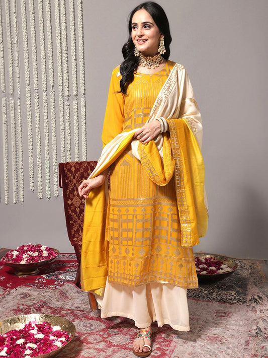 Dhiyona VA Women'sEthnic Motifs Embroidered Sequinned Detail Straight Kurta & Sharara With Dupatta
