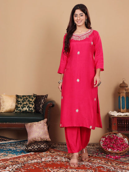 Dhiyona VA Women's Pink pure silk zardozi & floral embroidered kurta with trousers & dupatta