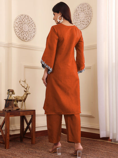 Dhiyona VA Women'sV-Neck Embroidered Thread Work Straight Kurta With Trousers