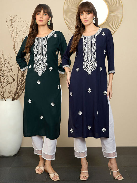 Dhiyona IE Pack Of 2 Floral Embroidered Straight Kurta