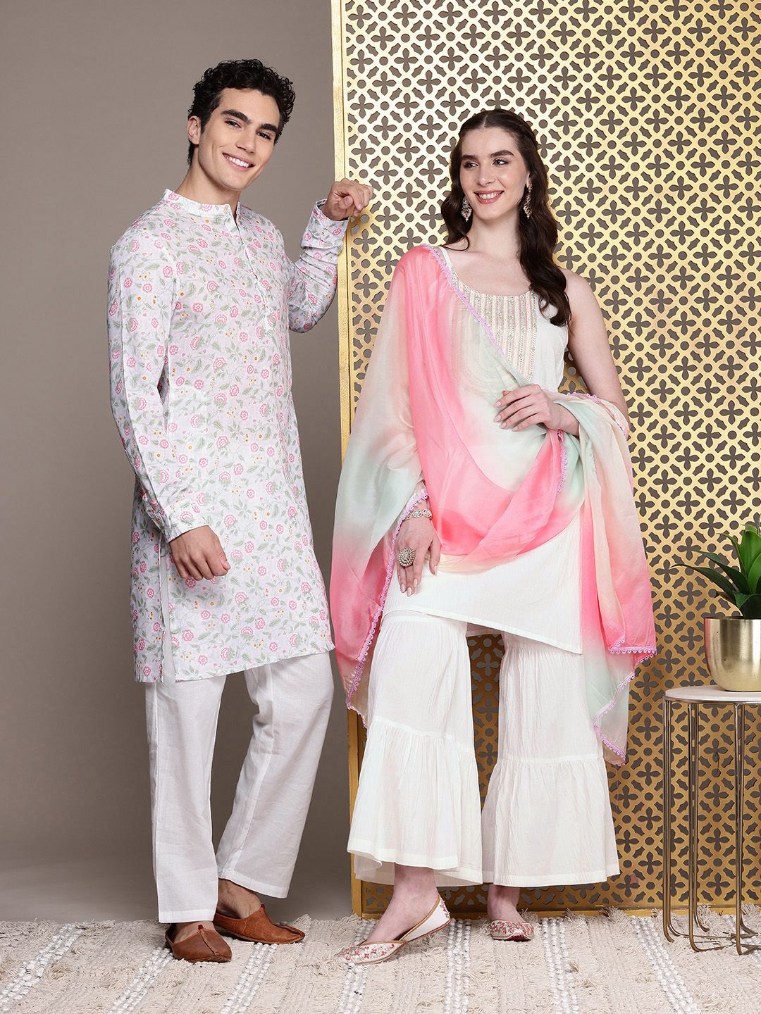 Dhiyona PD Women Women Floral Yoke Design Pure Cotton Jashn Kurta with Sharara & Dupatta