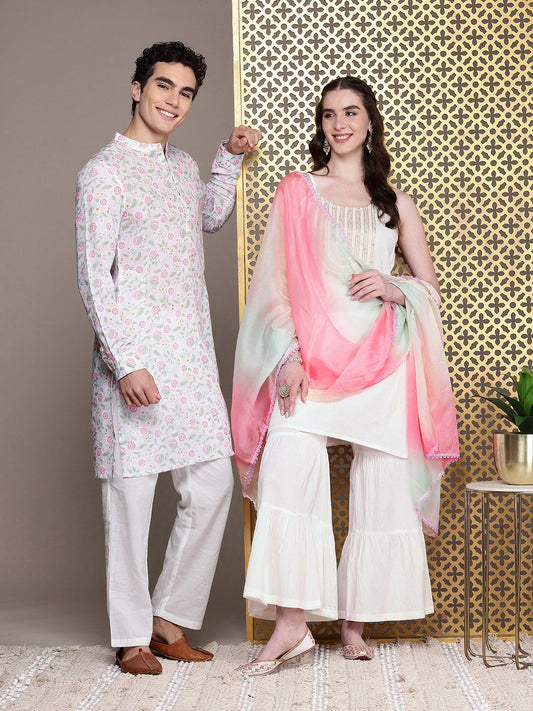 Dhiyona PD Women Women Floral Yoke Design Pure Cotton Jashn Kurta with Sharara & Dupatta