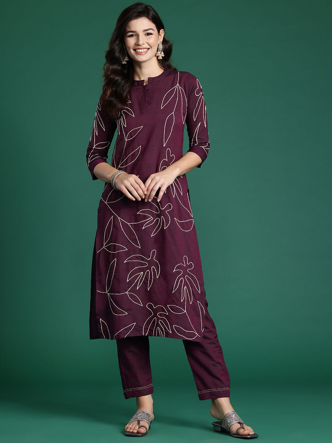 Dhiyona IE Floral Embroidered Thread Work Pure Cotton Kurta with Trousers