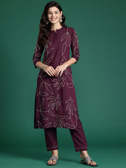 Dhiyona IE Floral Embroidered Thread Work Pure Cotton Kurta with Trousers