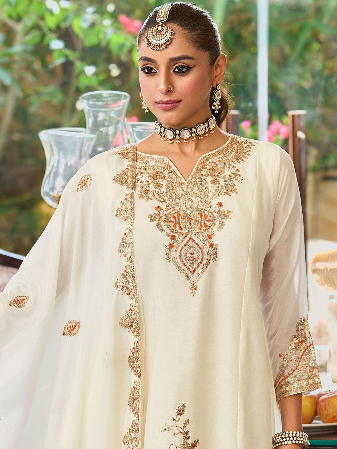 Ethnic Motifs Embroidered Sequinned Straight Kurta With Palazzos & Dupatta
