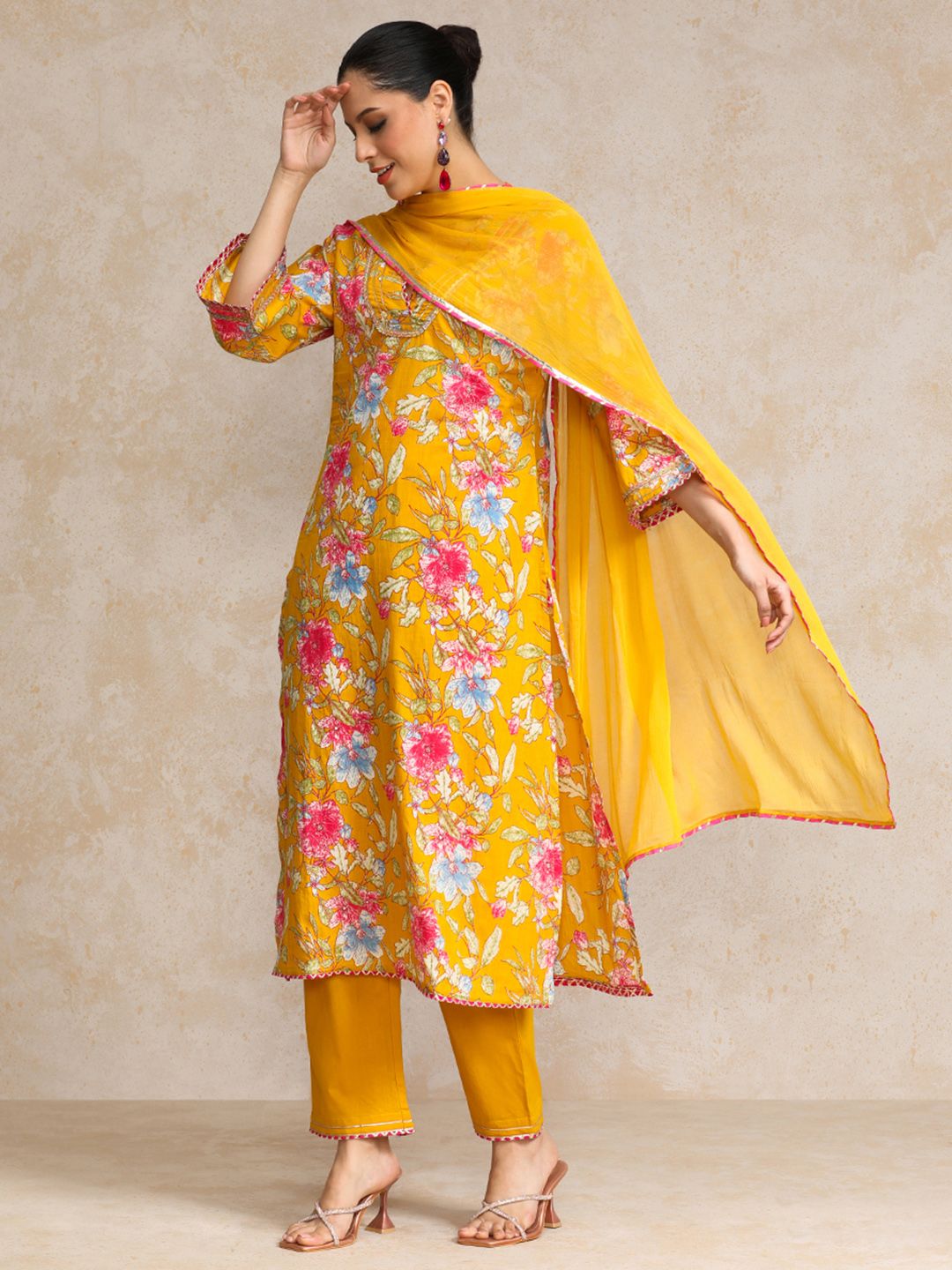 Dhiyona VA Women's Ethnic Motifs Printed Regular Beads and Stones Pure Cotton Kurta with Trousers & With Dupatta