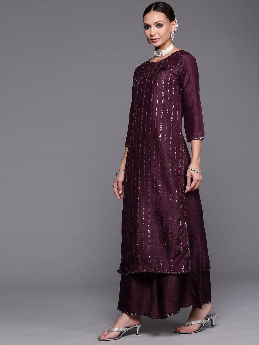 Dhiyona IE Women Purple Sequinned Kurta with Palazzos & With Dupatta