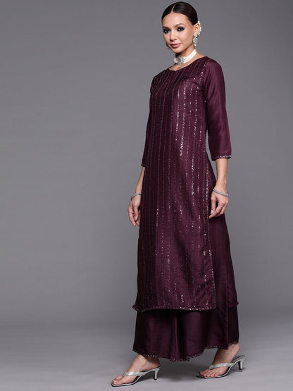 Dhiyona IE Women Purple Sequinned Kurta with Palazzos & With Dupatta