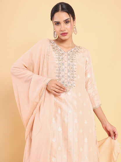 Dhiyona SO Women's Women Peach-Coloured Ethnic Motifs Yoke Design Layered Kurta with Churidar