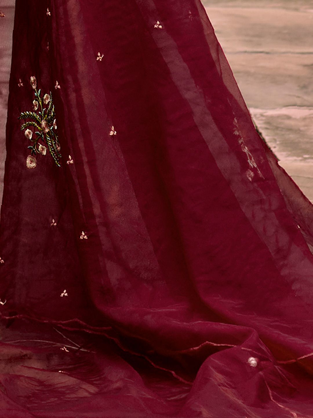 Maroon Floral Embroidered Thread Work Kurta with Trousers & Dupatta