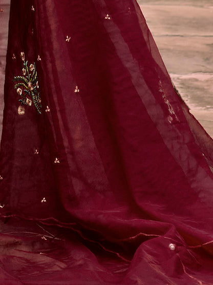 Maroon Floral Embroidered Thread Work Kurta with Trousers & Dupatta