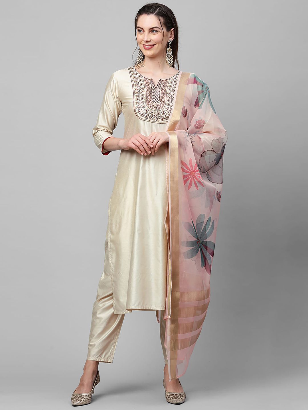 Women Cream-Coloured Floral Yoke Design Regular Thread Work Liva Kurta with Trousers & With Dupatta