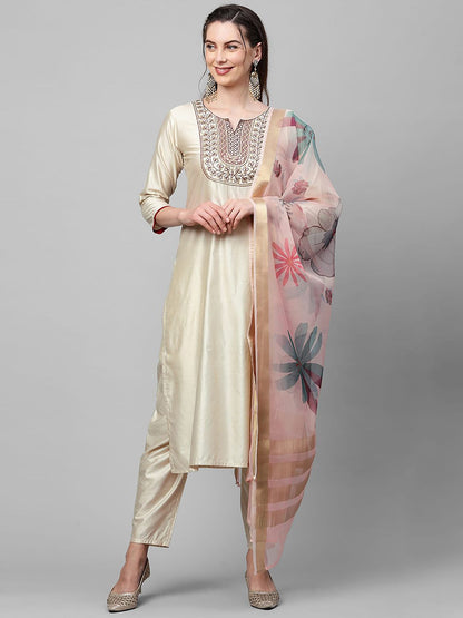 Women Cream-Coloured Floral Yoke Design Regular Thread Work Liva Kurta with Trousers & With Dupatta