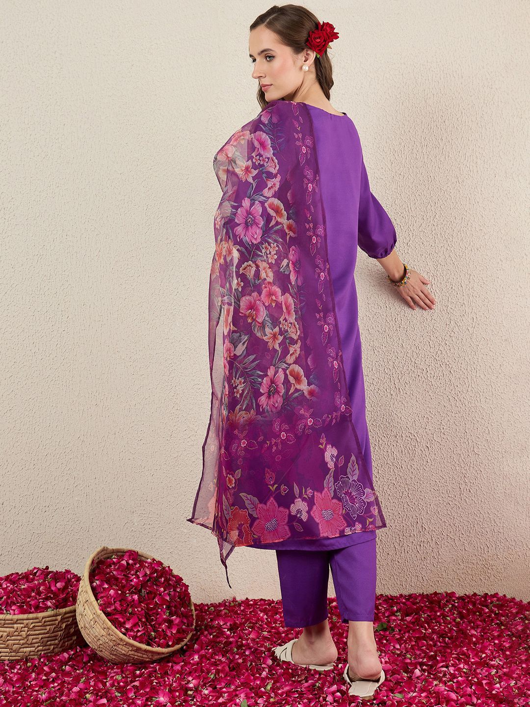 V-Neck Straight Kurta With Trousers & Dupatta