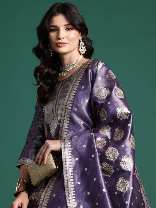Dhiyona IE Women Ethnic Motifs Jacquard Zari Kurta with Trousers & With Dupatta