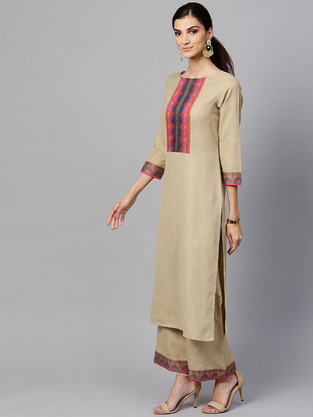 Dhiyona IE Muted Hazelnut Geometric Yoke Kurta Set
