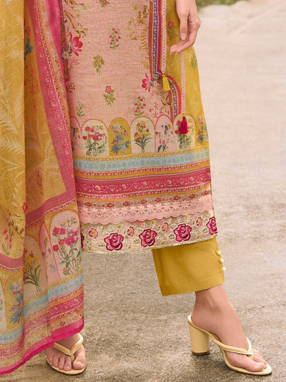 Dhiyona IE Women Embroidered Thread Work Linen Kurta with Trousers & With Dupatta