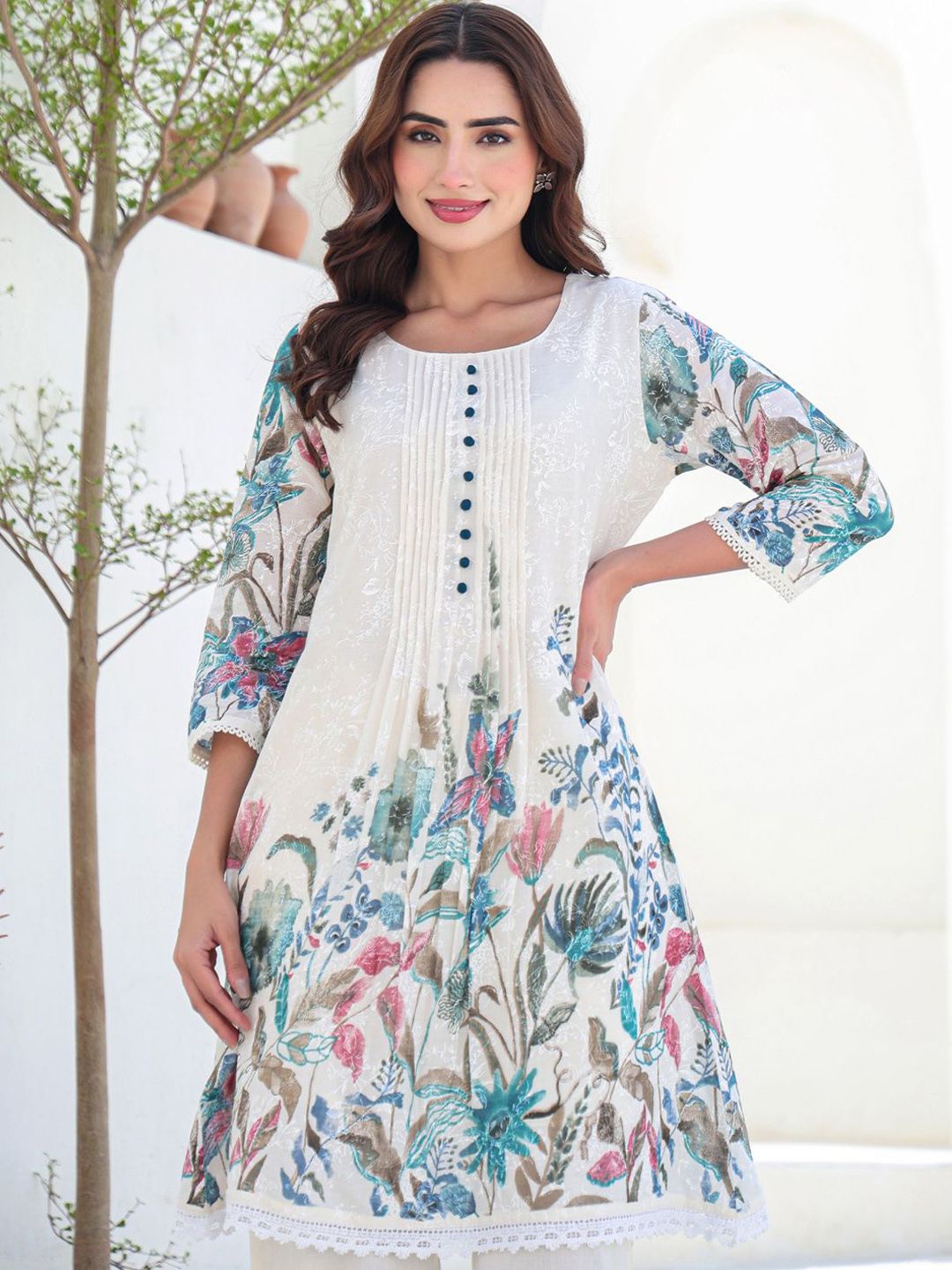 Dhiyona IE Floral Printed Pure Cotton Tunic With Trousers Co-Ords