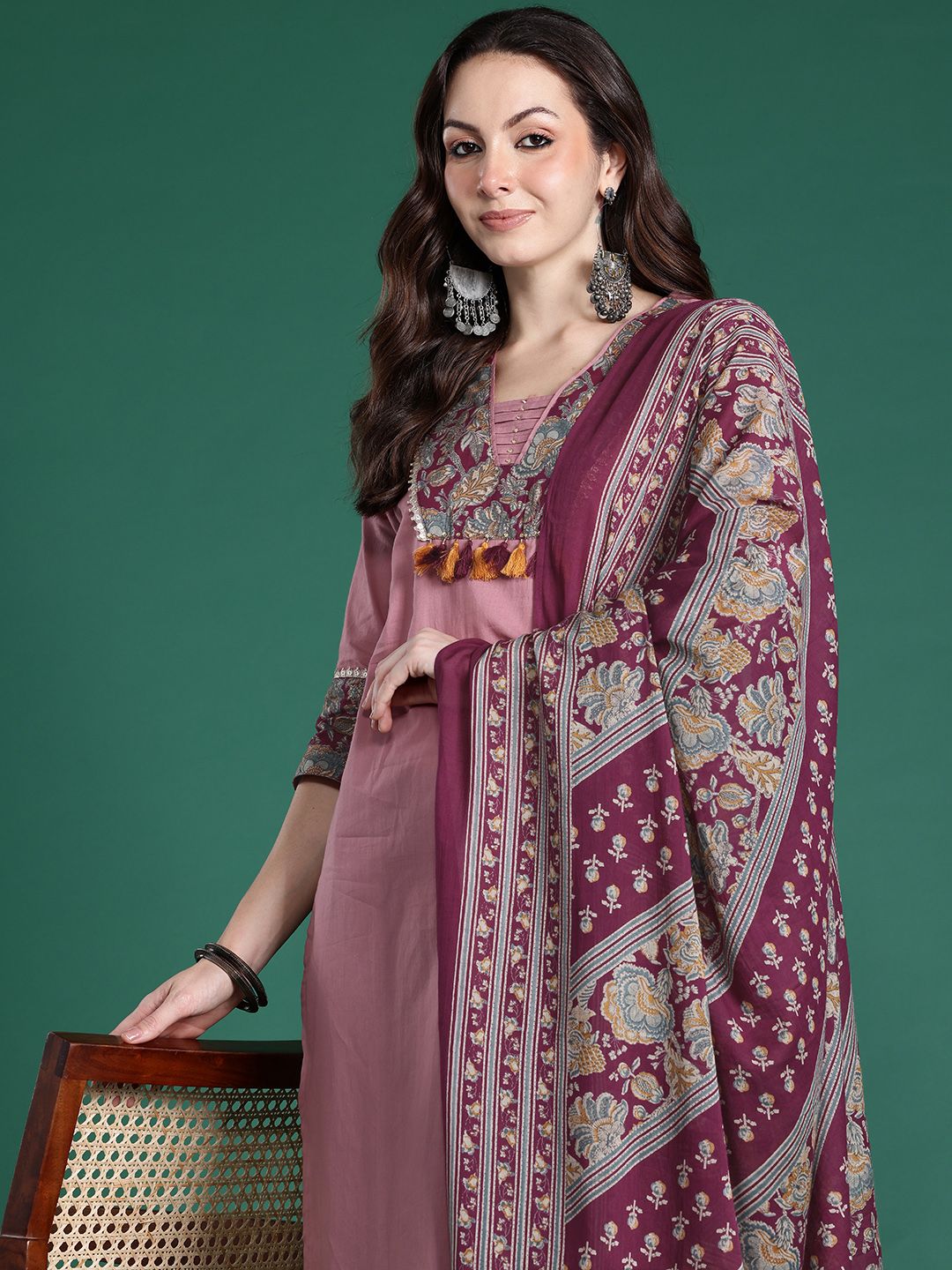 Dhiyona IE Floral Print Pure Cotton Kurta with Trousers & Dupatta