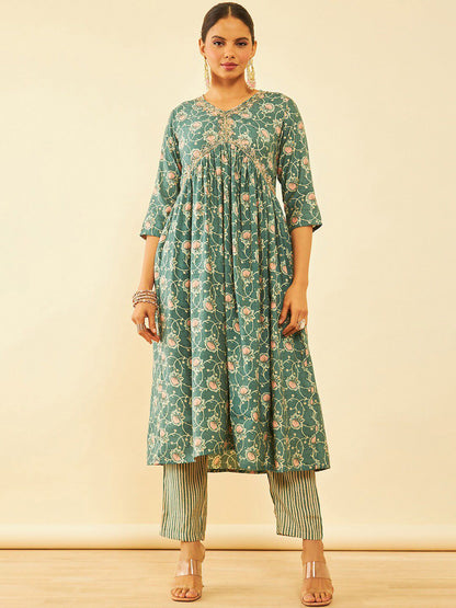 Dhiyona SO Women's Teal Floral Printed Sequinned Anarkali Kurta with Trousers & Dupatta