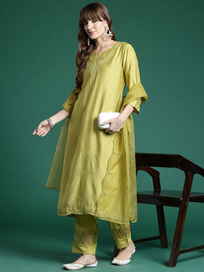 Ethnic Motifs Embroidered Sequinned Liva Kurta With Trousers & Dupatta