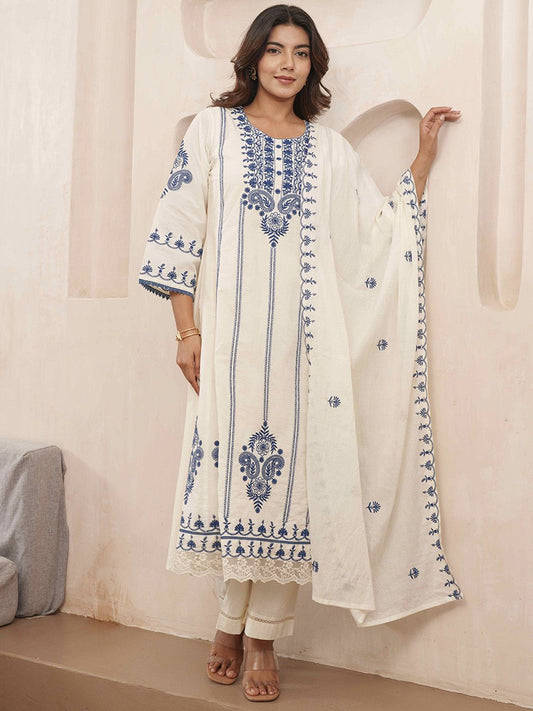 Dhiyona PD Women Floral Embroidered Pure Cotton Kurta & Trousers With Dupatta