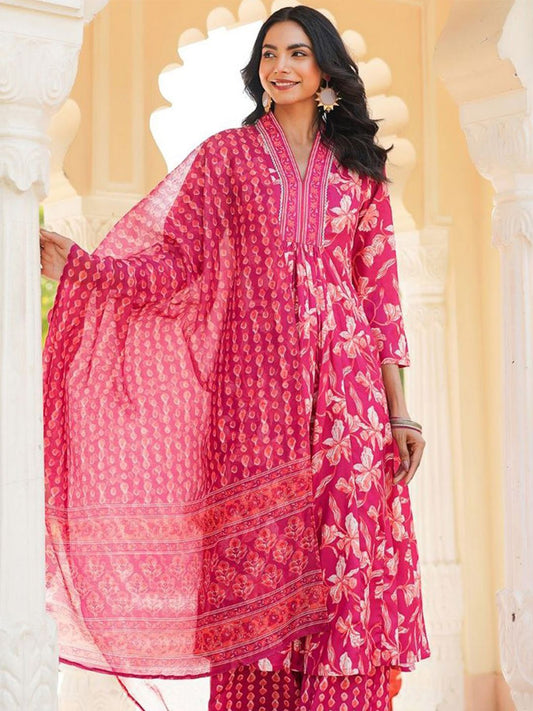 Dhiyona KL Women Floral Printed A-Line Kurta with Palazzos & With Dupatta