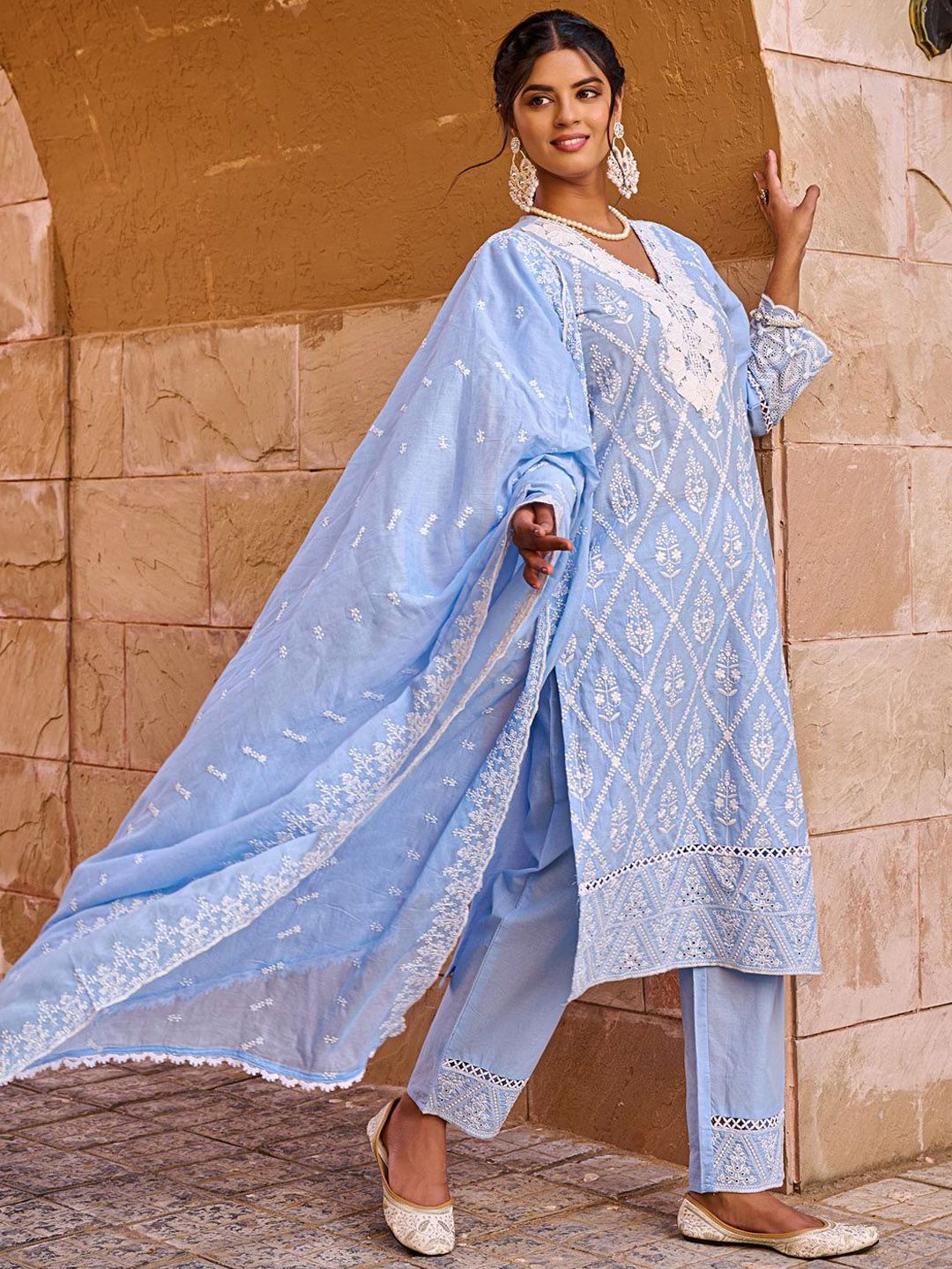 Women Floral Embroidered Pure Cotton Kurta with Trousers & Dupatta